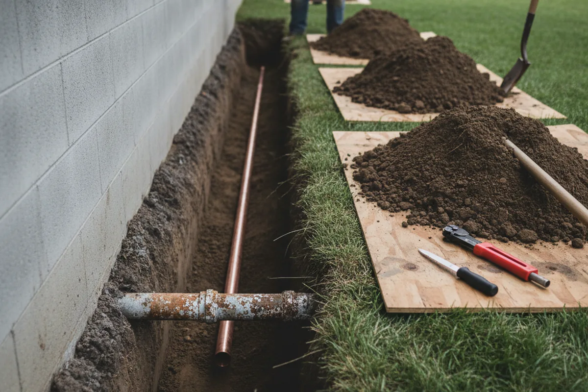 Excavated water line trench during Water Heater Repair in Plumville